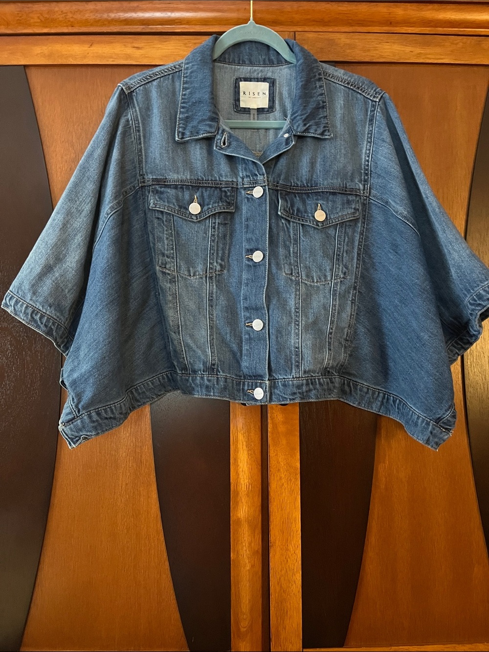 Risen Blue Cropped Denim Cape Jacket w/Foldover Collar-Button Placket-Side Snaps